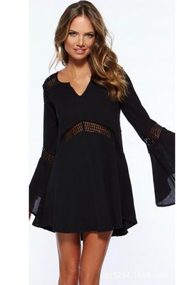 F4386-1Black Long Bell Sleeves Hollow-out Beach Tunic